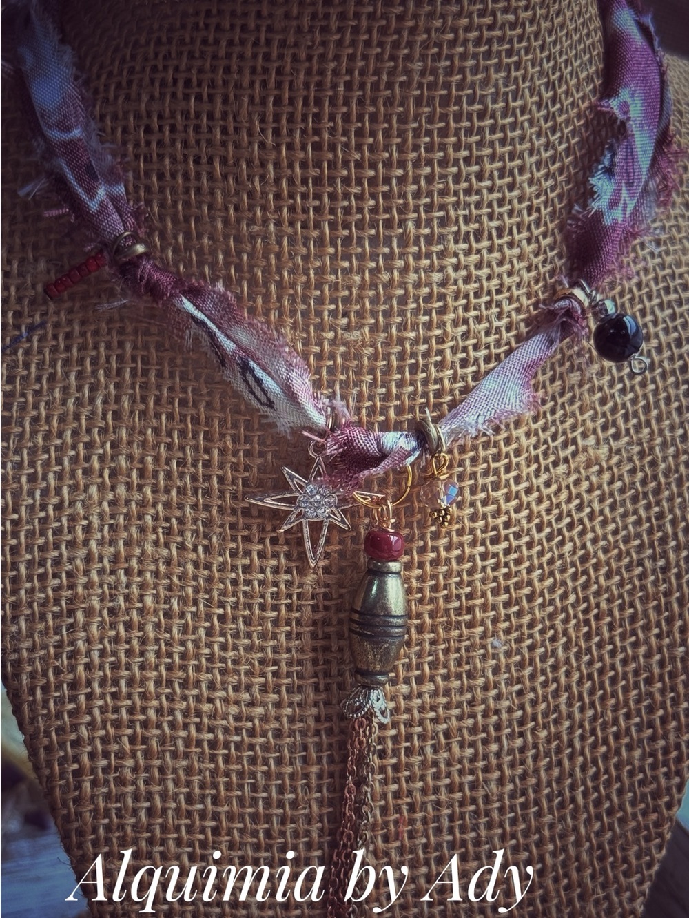 purple and gold charm tassel necklace